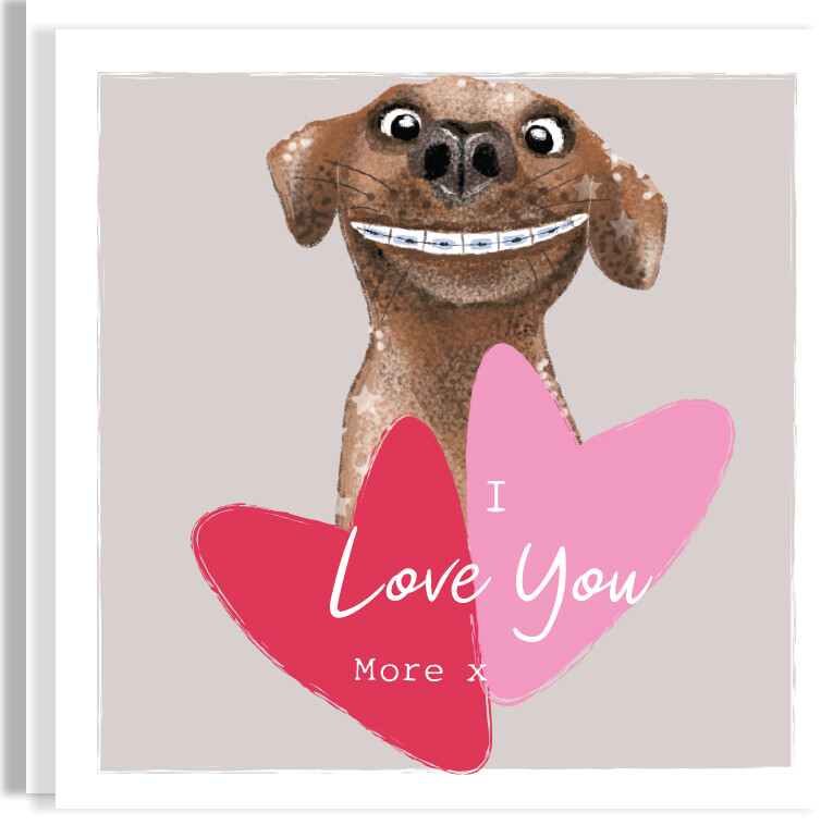 Funny Dog Valentine Card  - Quirky Dog with Giant Love Hearts - Hand-Illustrated Valentine Greeting Card - Humorous Card For Valentine&#39;s Day