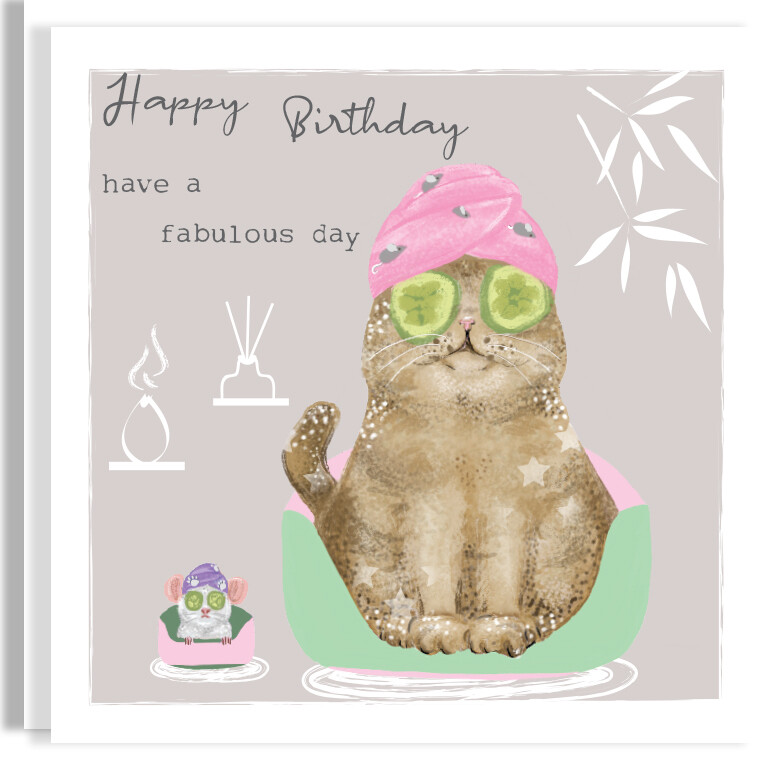 Fabulous Spa Cat and Kitten Birthday Card - silver Foil Cute Cat Birthday Card - Personalised Hand-Foiled Greeting Card for Animal Lover - Pampered Cat Lover Card