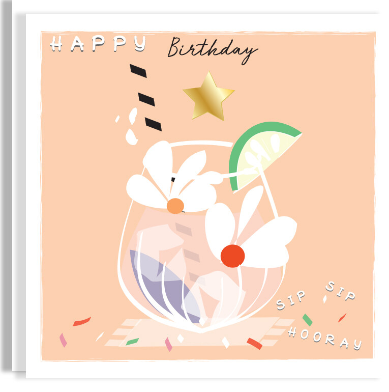 Gold Foil Personalised Birthday Cocktail Card -  Floral Contemporary Hand-Foiled Card - Tipple Drink Star Card For a Friend Mum Sister