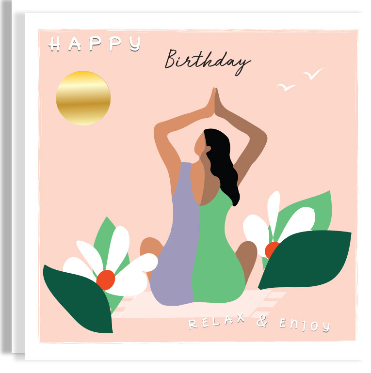 Personalised Birthday Yoga Gold Foil Card -  Floral Contemporary Hand-Foiled Card - Relax Card For a Friend Mum Sister Aunt Nana Grandm