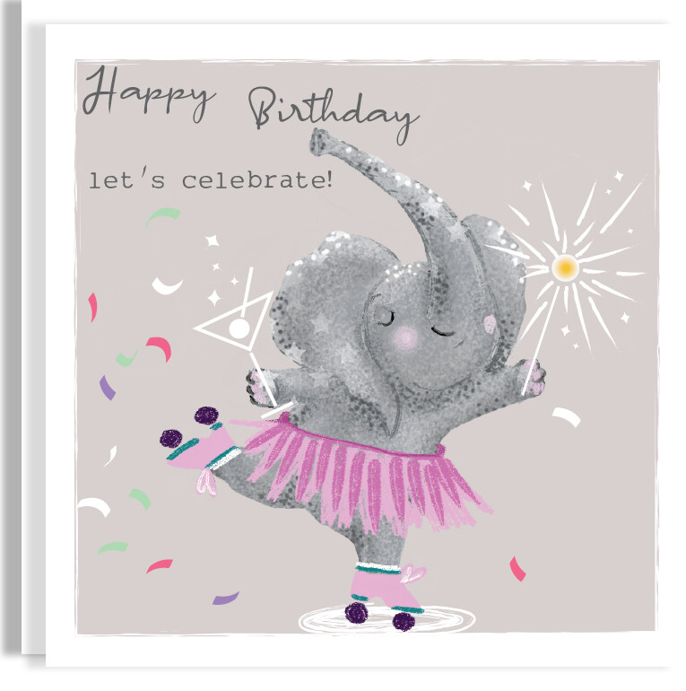 Elephant with Roller Skates Birthday Card  - Hand-Illustrated Cute Elephant Fireworks &amp; Martini Card - Personalised Animal Lover Dance Card