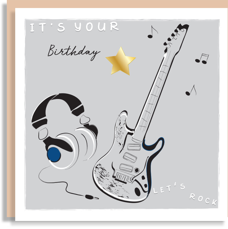 Gold Foil Music Birthday Card For Men - Hobby Foiled Card - Rock Star Guitar Greeting Card - Hand-foiled Star Card for Music Lover