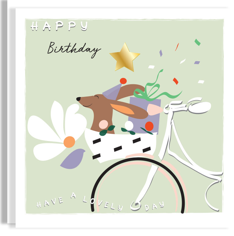 Gold Foil Personalised Birthday Dog Gold Foil Card -  Floral Bike Contemporary Hand-Foiled Card - Star Dachshund Card
