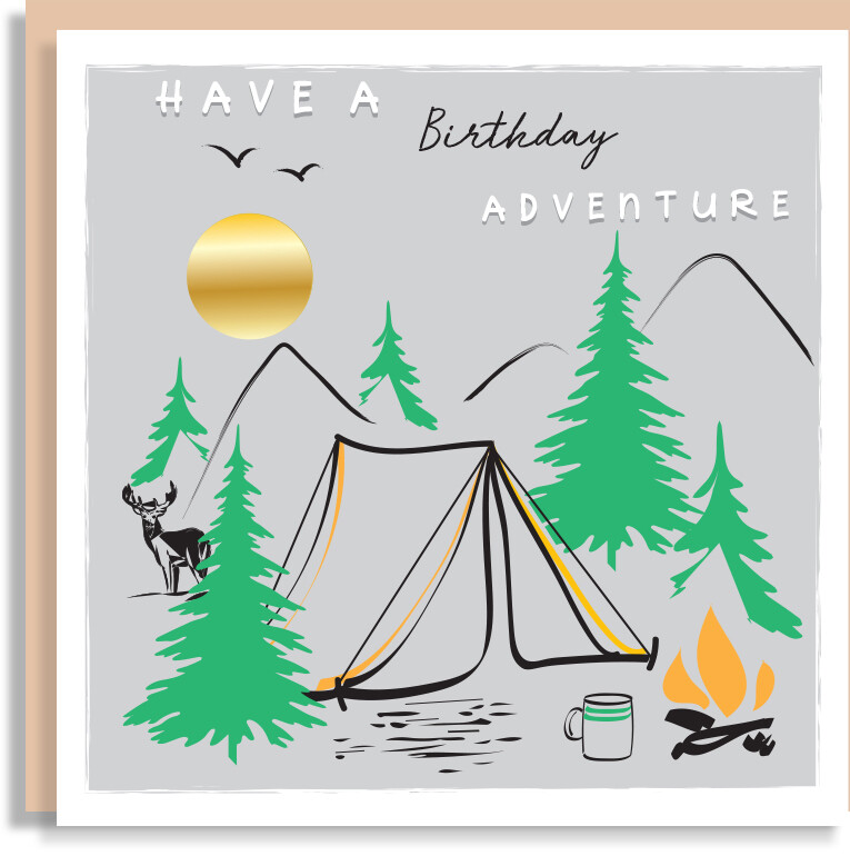Gold Foil Camping Birthday Card -  Mens Contemporary Hand-Foiled Card - Hobby Birthday Card