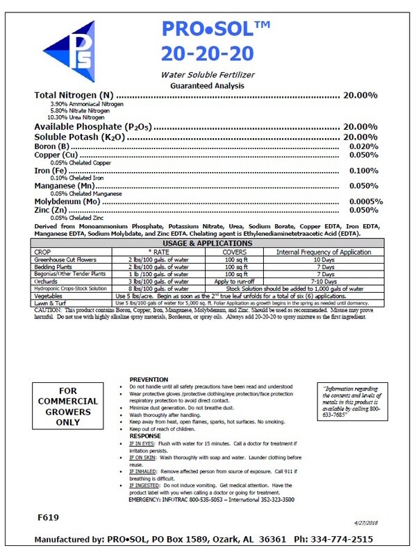 20-20-20 Pro-Sol Premium Fertilizer For Commerical Growers $16.50-$47.95