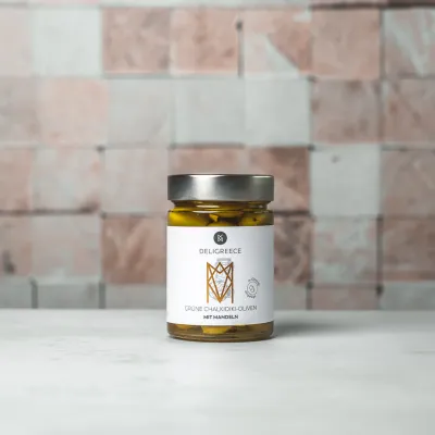 Grüne Chalkidiki-Oliven mit Mandeln 350g Glas