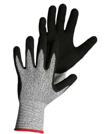 Code: 455PU - ANSI Cut Level A4 HPPE-Stainless Steel Core Nitrile Foam Blast Coated Glove