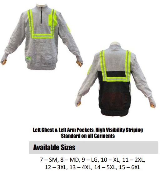 Code: GCMHV - ANSI Cut Level A5 1/4 Zipper Pullover Garment with Vented Cotton Mesh Back & High Visibility Striping