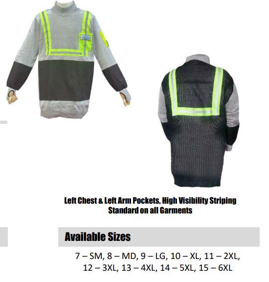 Code: NSG-MBENR - ANSI Cut Level A5 Pullover Garment with Abrasion/Puncture Patching & High Visibility Striping Code: NSG-MBENR - ANSI Cut Level A5 Pullover Garment with Abrasion/Puncture Patching & High Visibility Striping