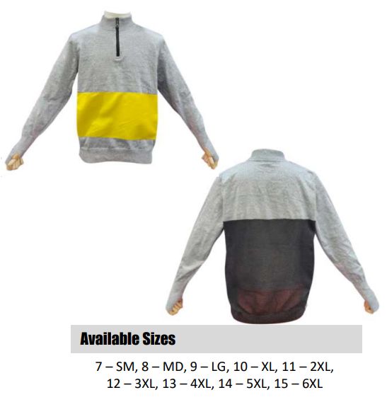 Code: GSBPP - ANSI Cut Level A5 1/4 Zipper Pullover Garment with Vented Cotton Mesh Back & High Visibility Striping Code: GSBPP - ANSI Cut Level A5 1/4 Zipper Pullover Garment with Vented Cotton Mesh Back & High Visibility Striping