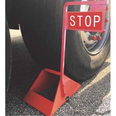 Truck wheel chock with truck stop sign