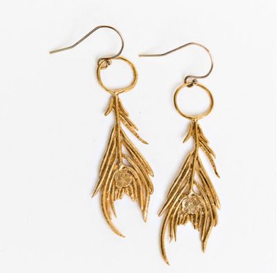 Peacock Feather Earrings Brass with Yellow Gold Filled Wires