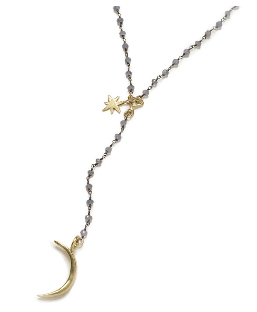 Moon and Star Y Necklace on Labrodorite Chain &amp; Brass