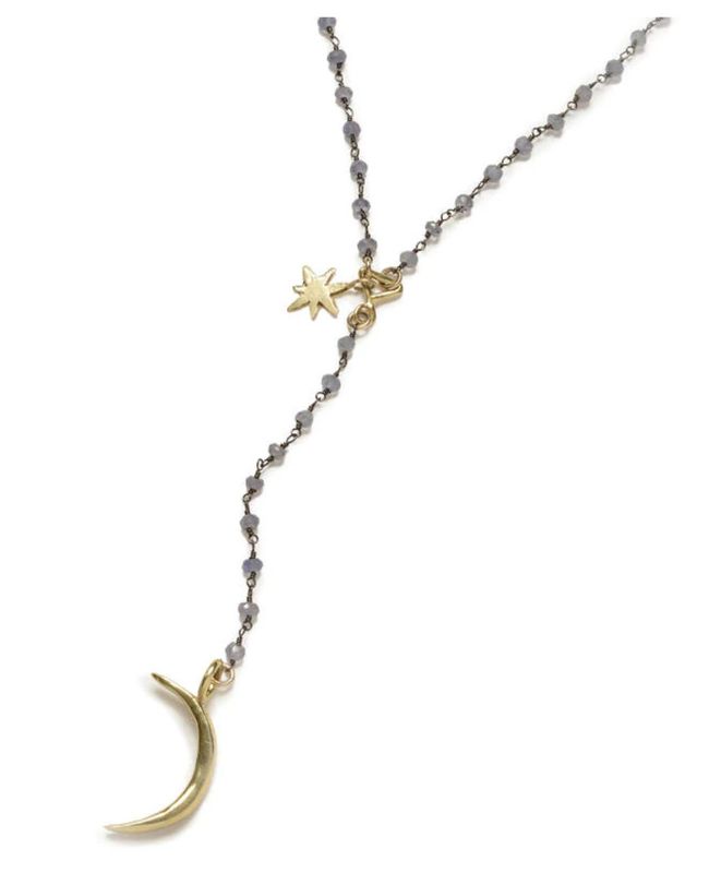 Moon and Star Y Necklace on Labrodorite Chain &amp; Brass