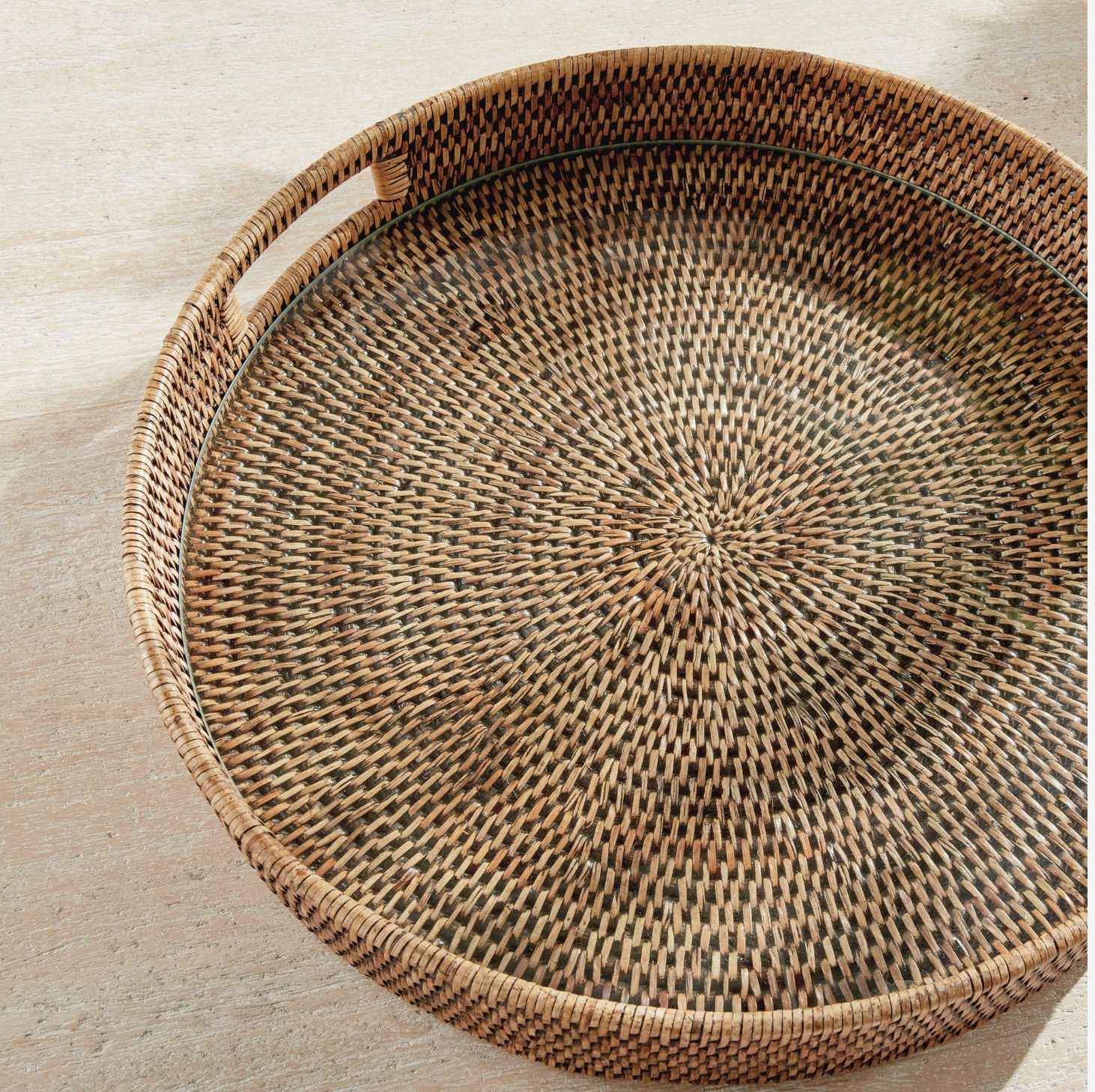 Burma Rattan Round Serving Tray  w/ Glass | Large