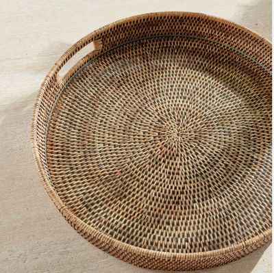 Burma Rattan Round Serving Tray  w/ Glass | Large