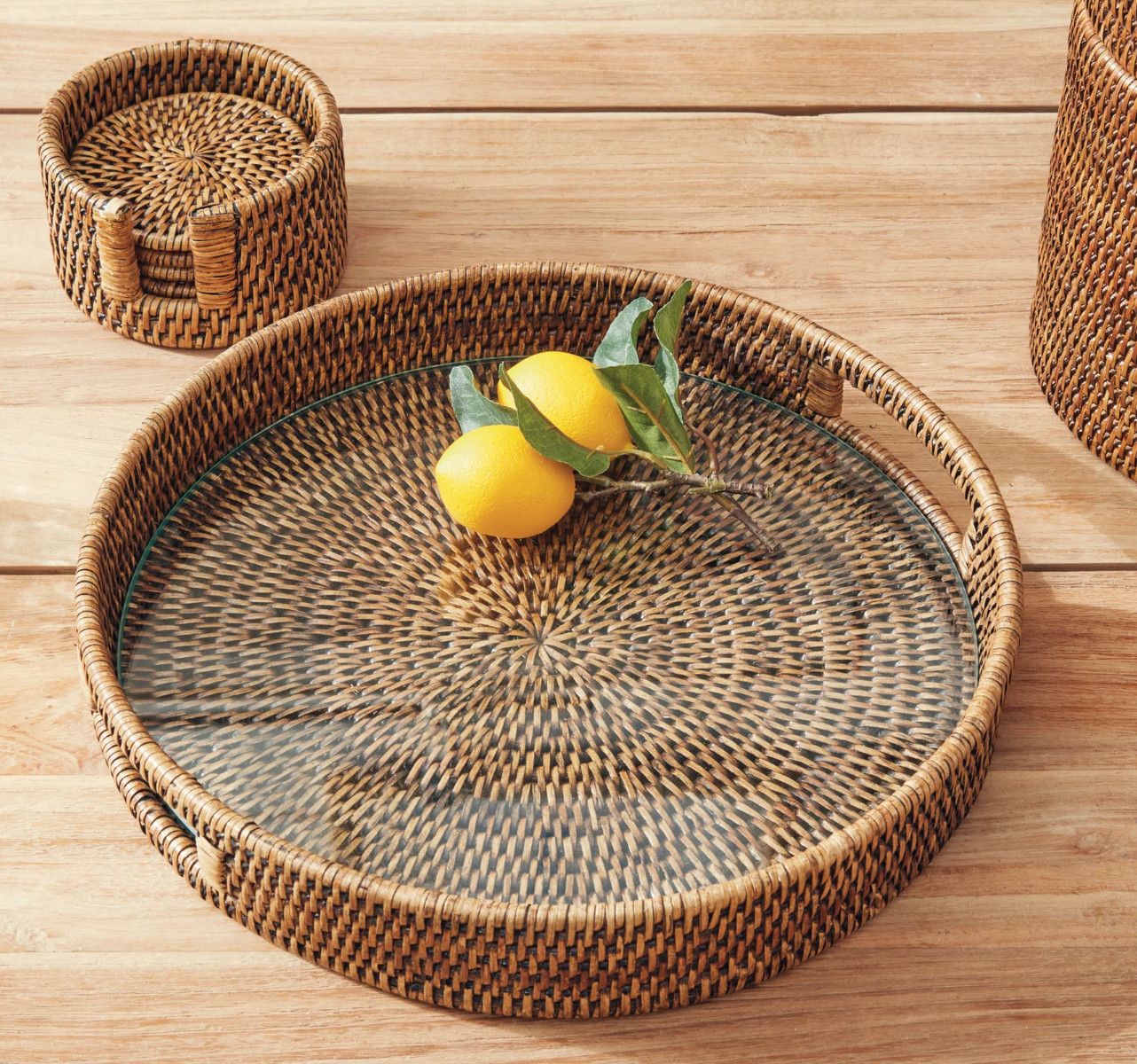 Burma Rattan Round Serving Tray w Glass | Small