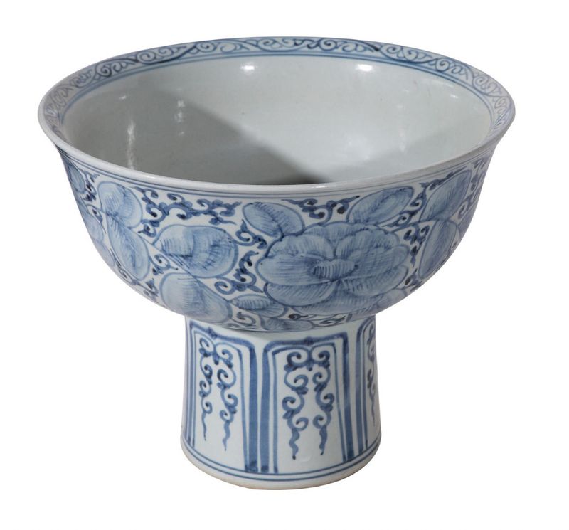Blue &amp; White Peony Motif Serving Bowl Tall Base