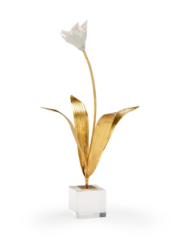 White Porcelain &amp; Gold Iron Tulip on Crystal Stand | Small | 20"