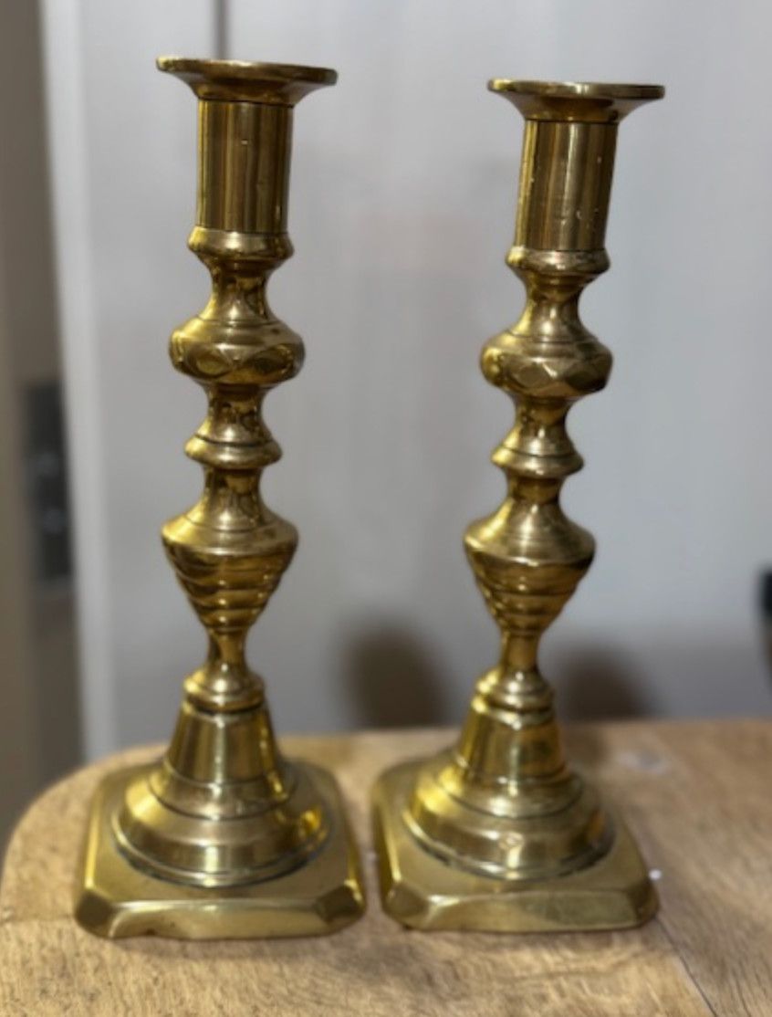 Antique Turned Brass Candlesticks | PAIR