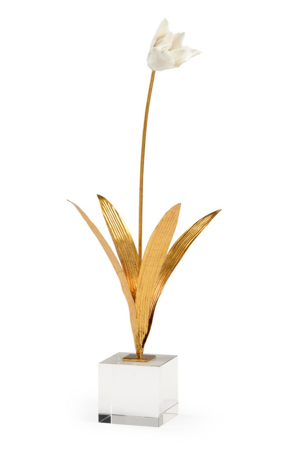 White Porcelain &amp; Gold Iron Tulip on Crystal Stand | Medium | 23.5&quot;