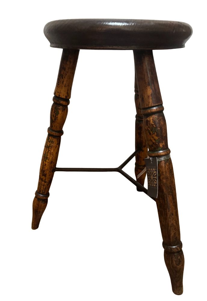 Antique Wooden Round Stool w/ Iron Stretcher |  France 20th C