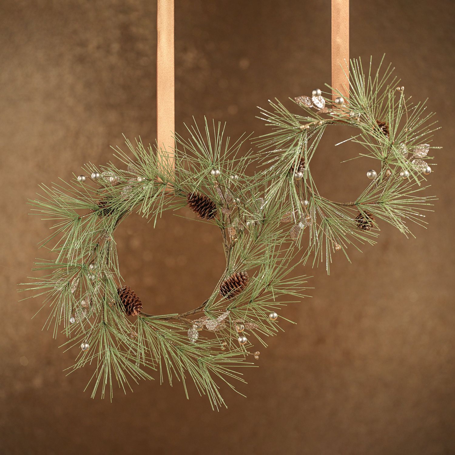 Needle Pine Tree Wreath w/ Glitter Branch/Pinecones | Small