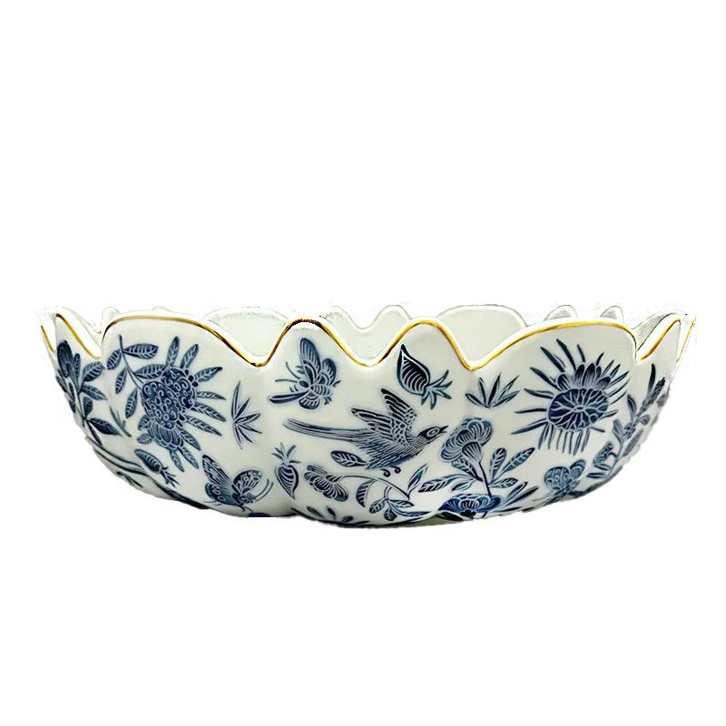 Sacred Bird &amp; Butterfly Blue Scalloped Bowl