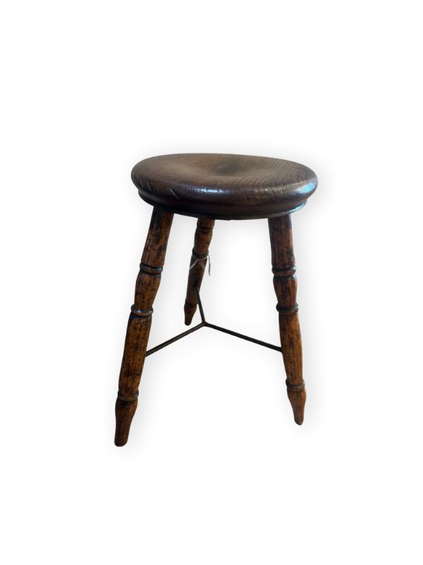 Antique Wooden Round Stool w/ Iron Stretcher |  France 20th C