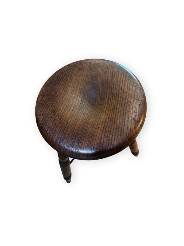 Antique Wooden Round Stool w/ Iron Stretcher |  France 20th C