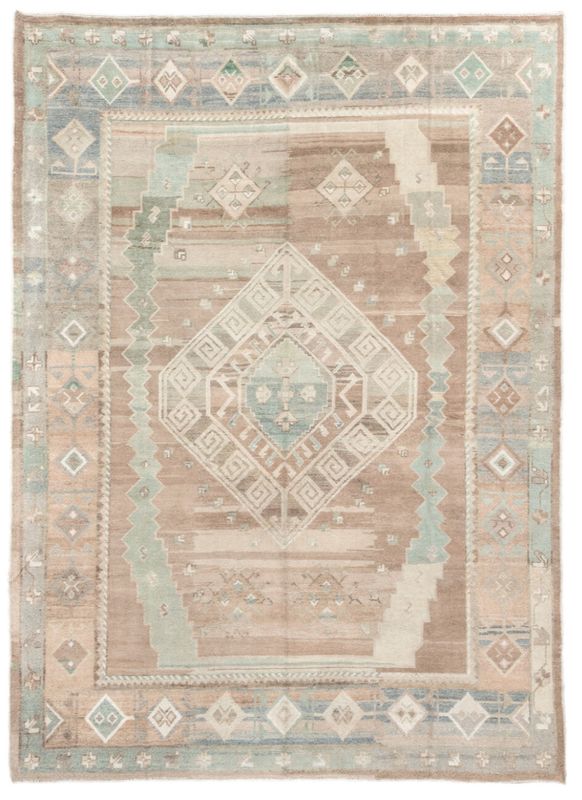 Tan with Green Handknotted Oushak Rug | Turkey | 9’ 1” x 12’ 3”