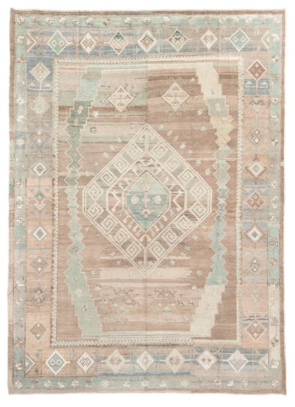 Tan with Green Handknotted Oushak Rug | Turkey | 9’ 1” x 12’ 3”