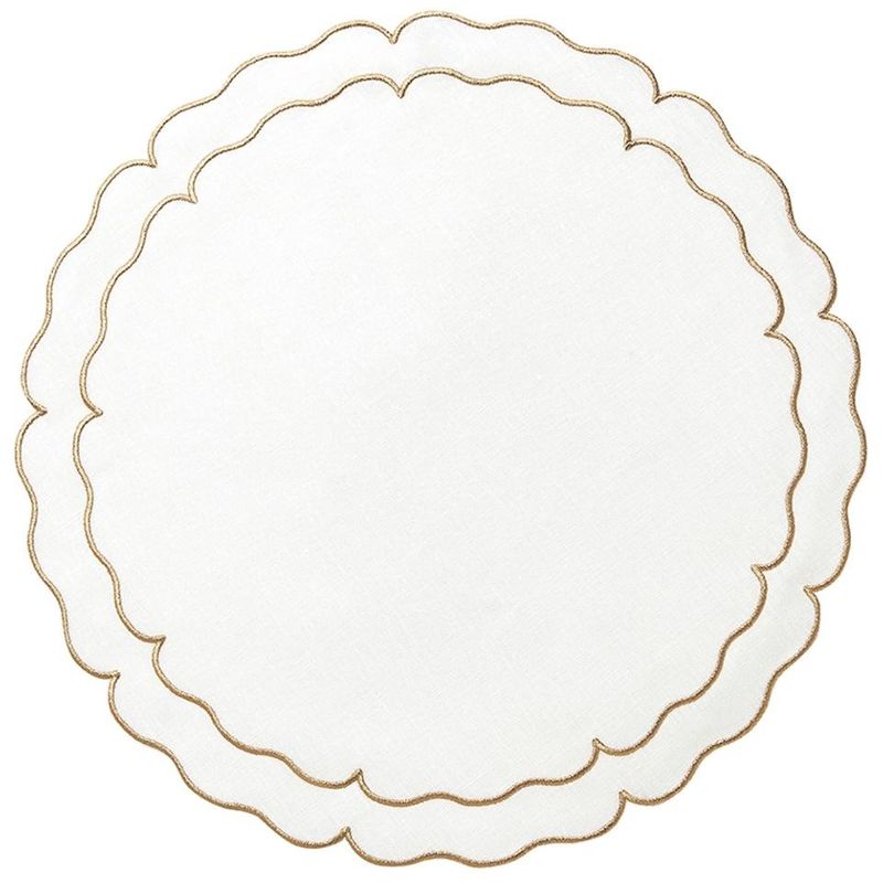 Linho Scalloped Round Placemat | White/Gold - Set of 2