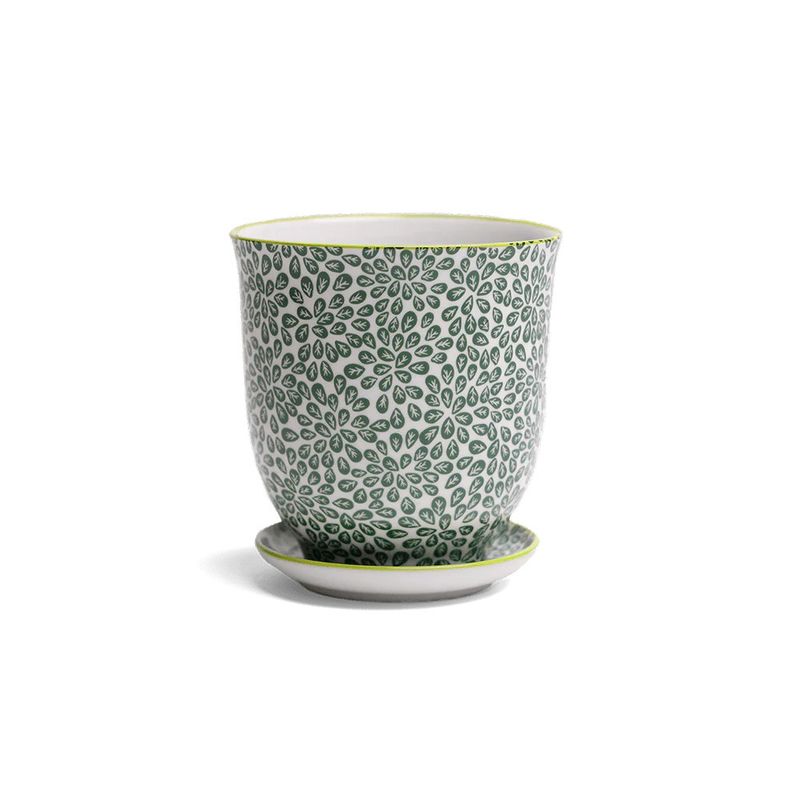 Liberte Small Porcelain Pot / Saucer | 3.25 | Green Leaves 3