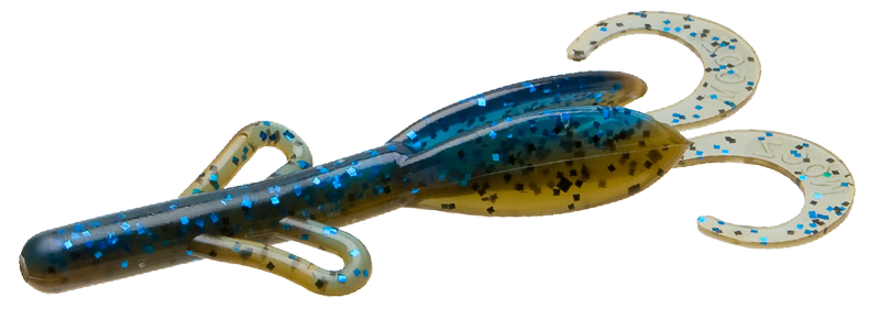 brown and blue with blue flakes fishing lure photographed from the side on a light background