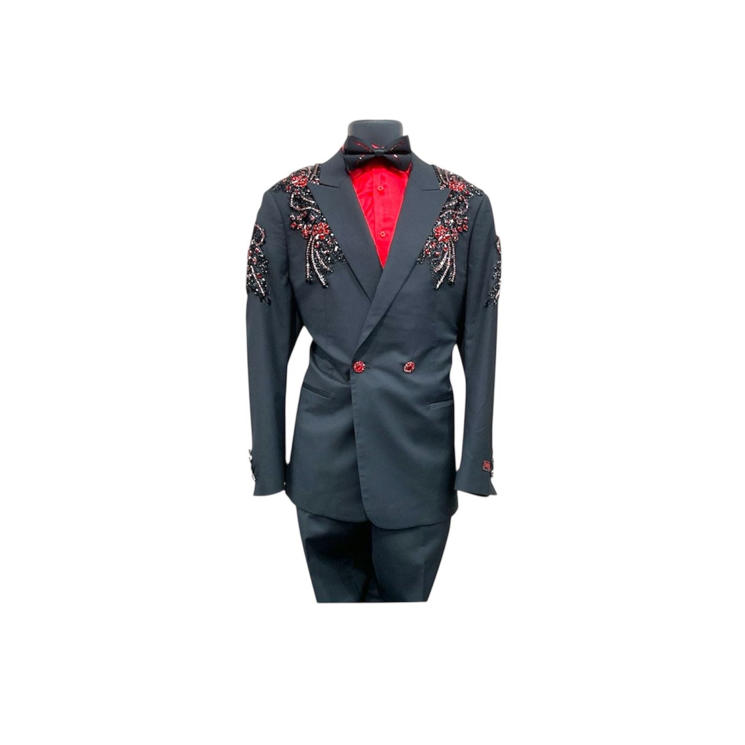 2PC TUXEDO RED RHINESTONE PATTERN, Color: BLACK-RED, Size: 36R/30W