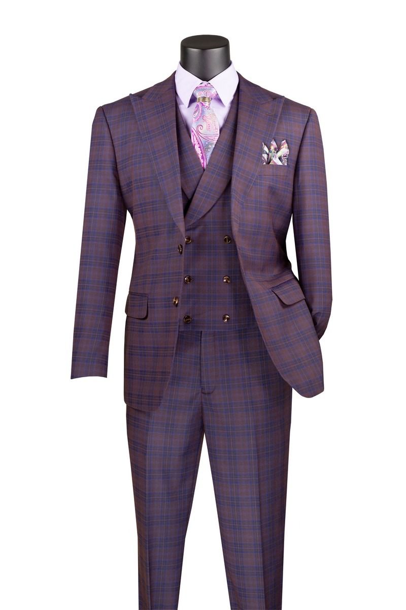 13 PC MODERN FIT PLAID SUIT, Color: PURPLE, Size: 44R/38W