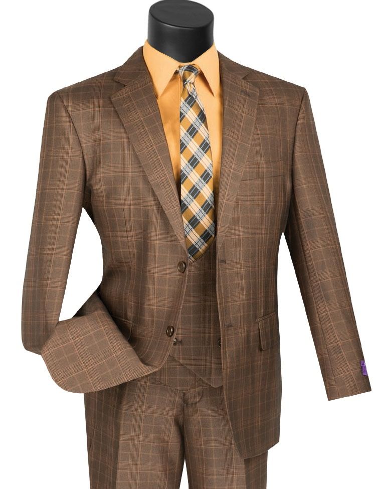 3PC WINDOW PANE SUIT, Color: CHESTNUT, Size: 42R/36W