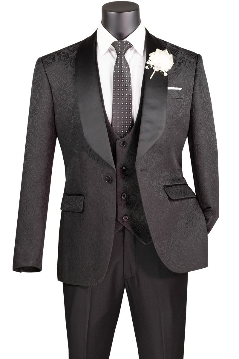 3PC SLIM FIT JACQUARD PRINT SUIT, Color: BLACK, Size: 36R/30W