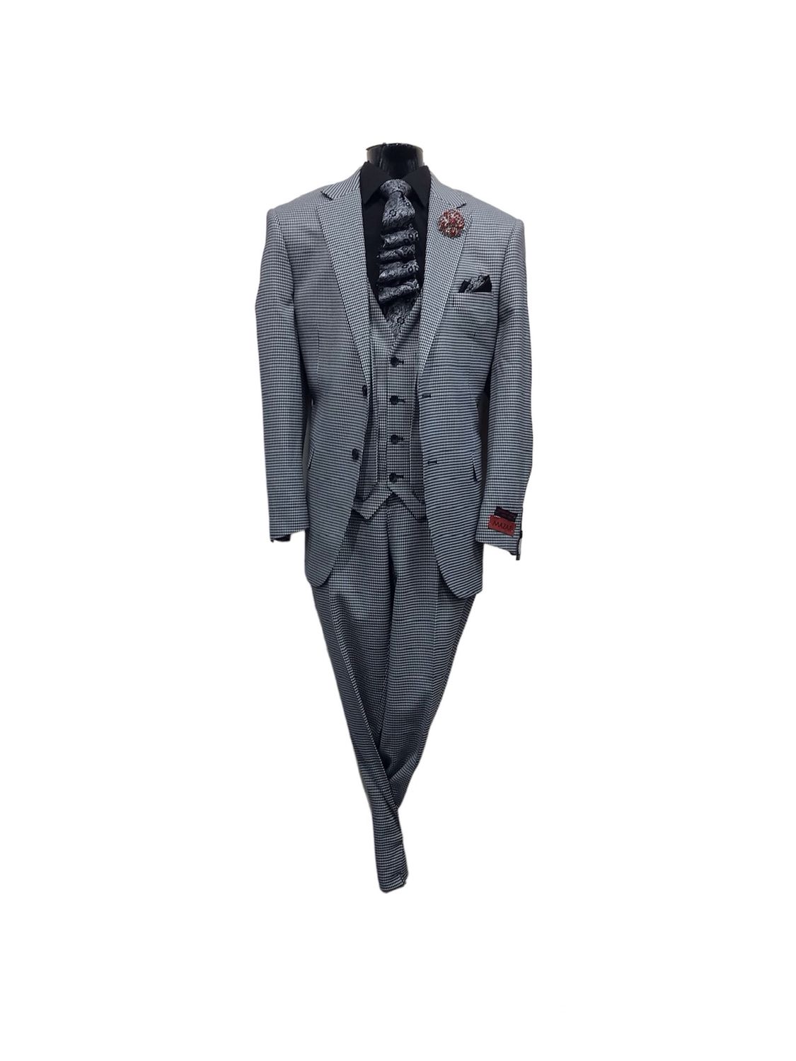 3 PC SUIT STRETCH FABRIC HOUNDSTOOTH, Color: BLACK, Size: 48R/42W
