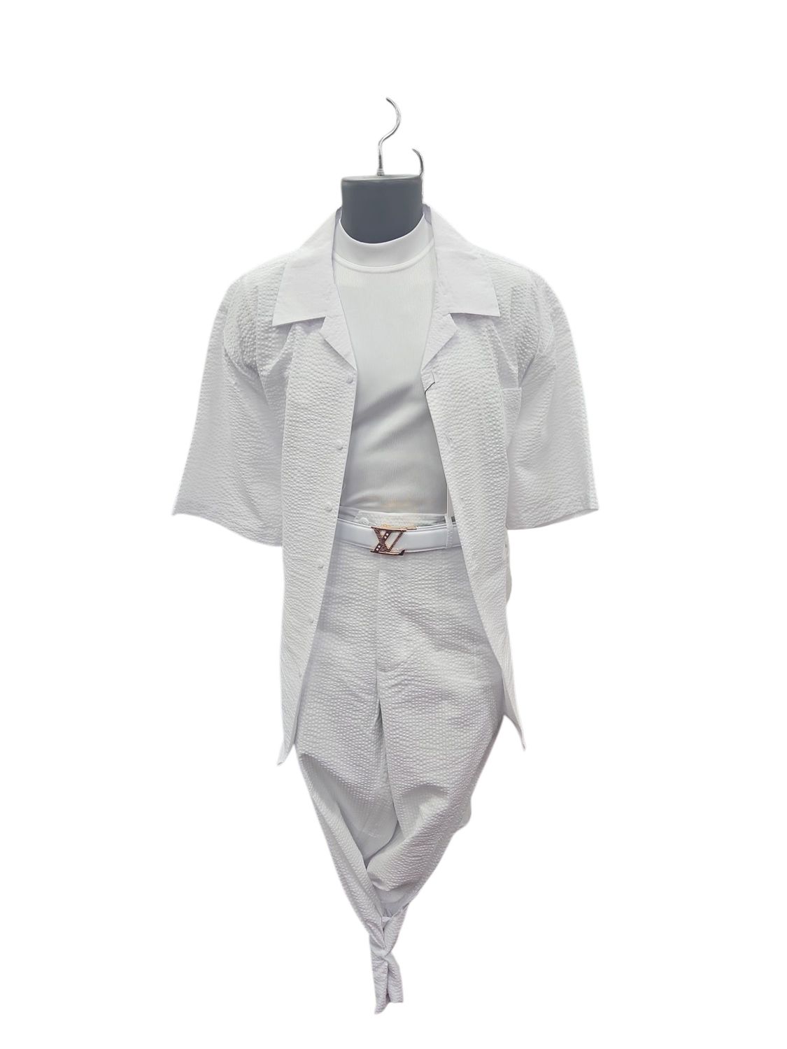 SHORT SLEEVE SEER SUCKER PANT SET, Color: WHITE-WHITE, Size: M