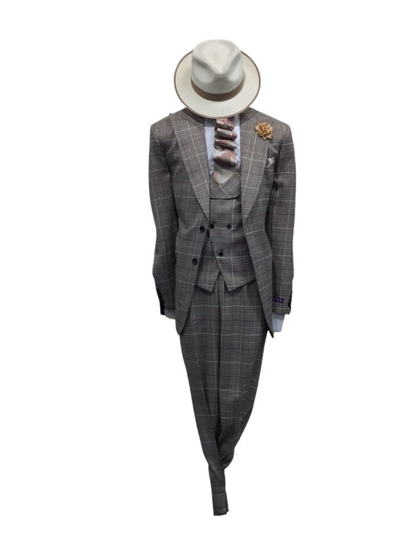 3 PC SLIM FIT PLAID WITH ORANGE LINE