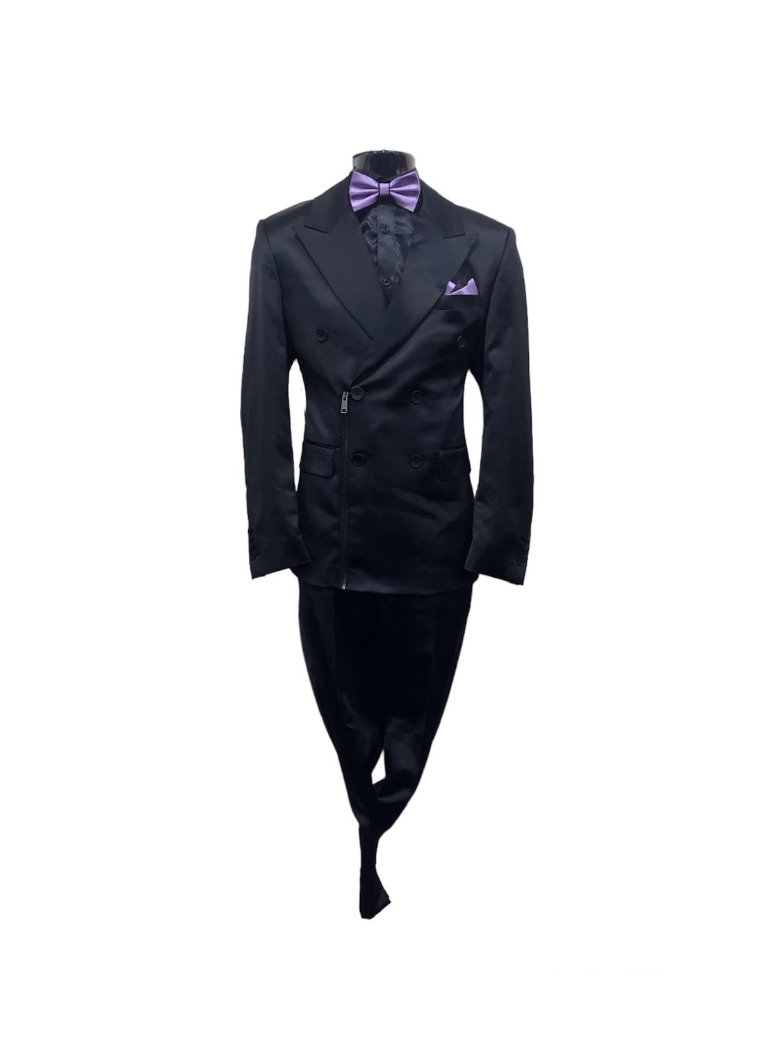 2PC SATIN SLIM FIT SUIT WITH ZIPPERS , Color: BLACK, Size: 3XL/42