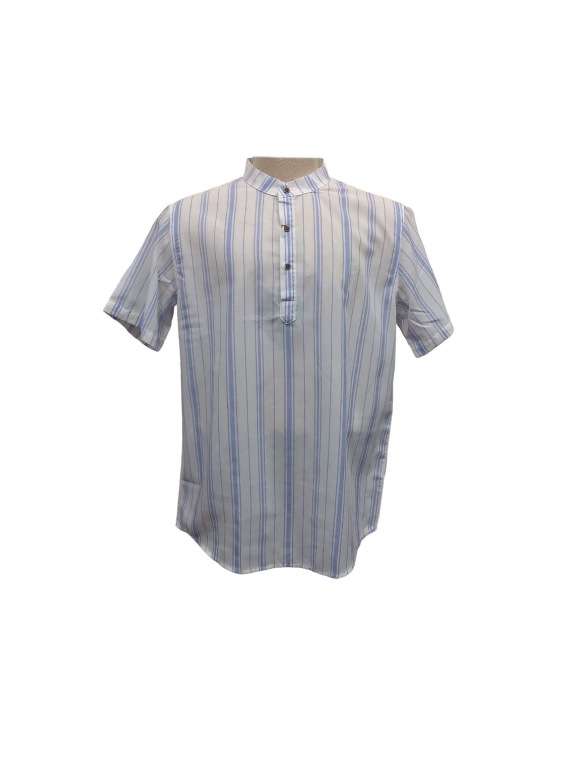 SUSLO SHORT SLEEVE PIN STRIP LINEN COTTON SHIRT , Color: BLUE, Size: L