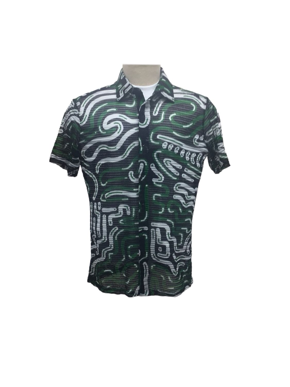 	SUSLO SCRAMBLED LINE KNIT SHORT SLEEVE SHIRT , Color: GREEN, Size: M