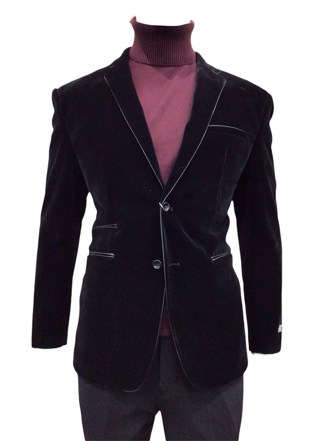 SINGLE BREASTED 2 BTNS VELVET SLIM FIT BLAZER , Color: BLACK, Size: 3XL