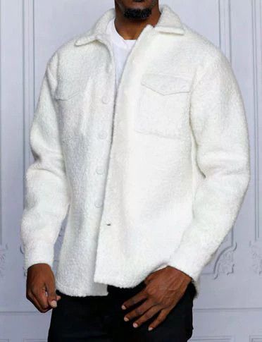 IVORY TEXTURE FLEECE JACKET WITH PATCH POCKETS , Color: WHITE, Size: L