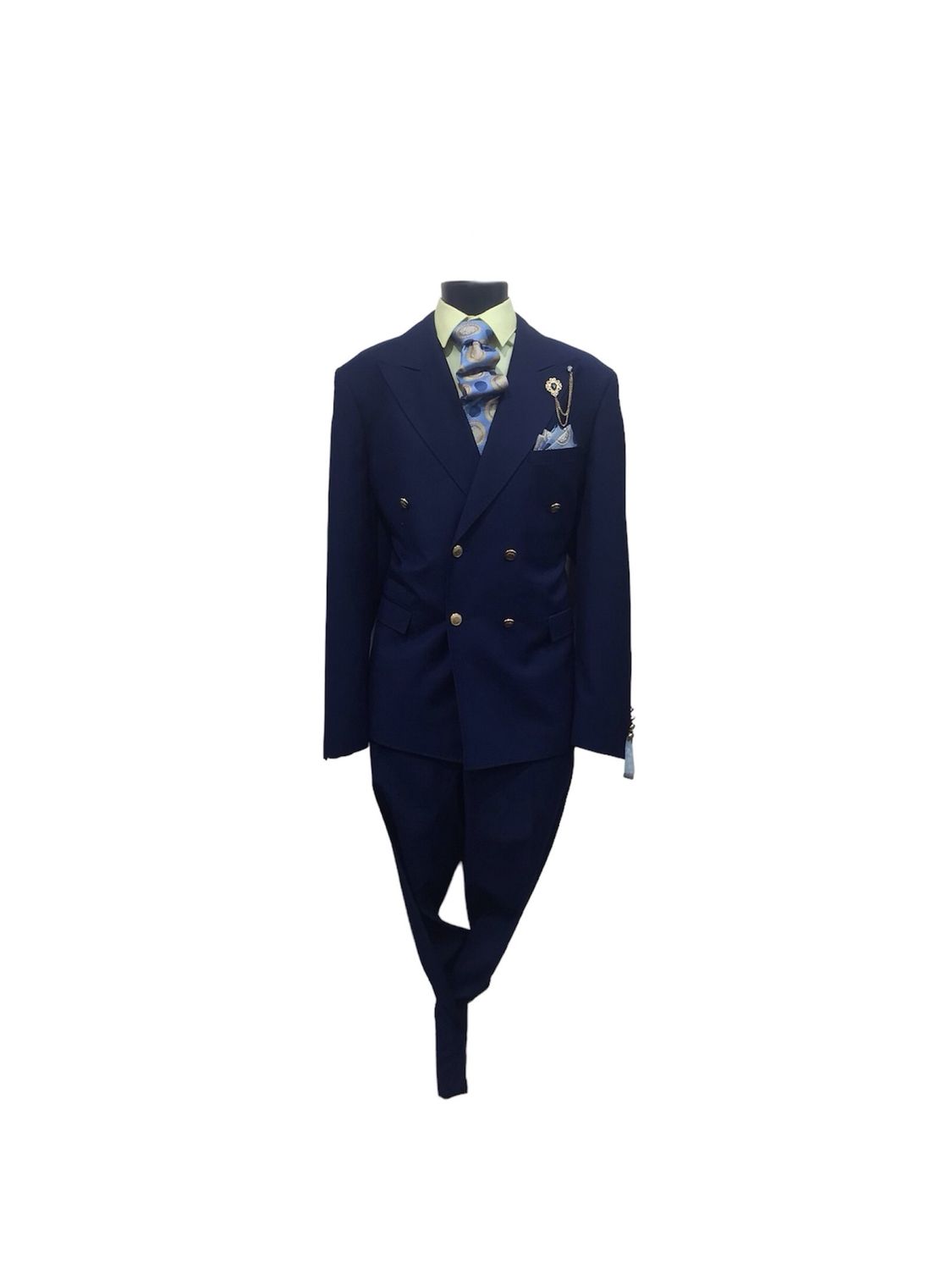 2PC SLIM FIT SUIT WITH GOLD BUTTON , Color: NAVY, Size: 44R/40W