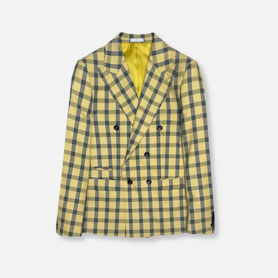 2PC SLIM FIT PLAID SUIT , Color: YELLOW, Size: XL