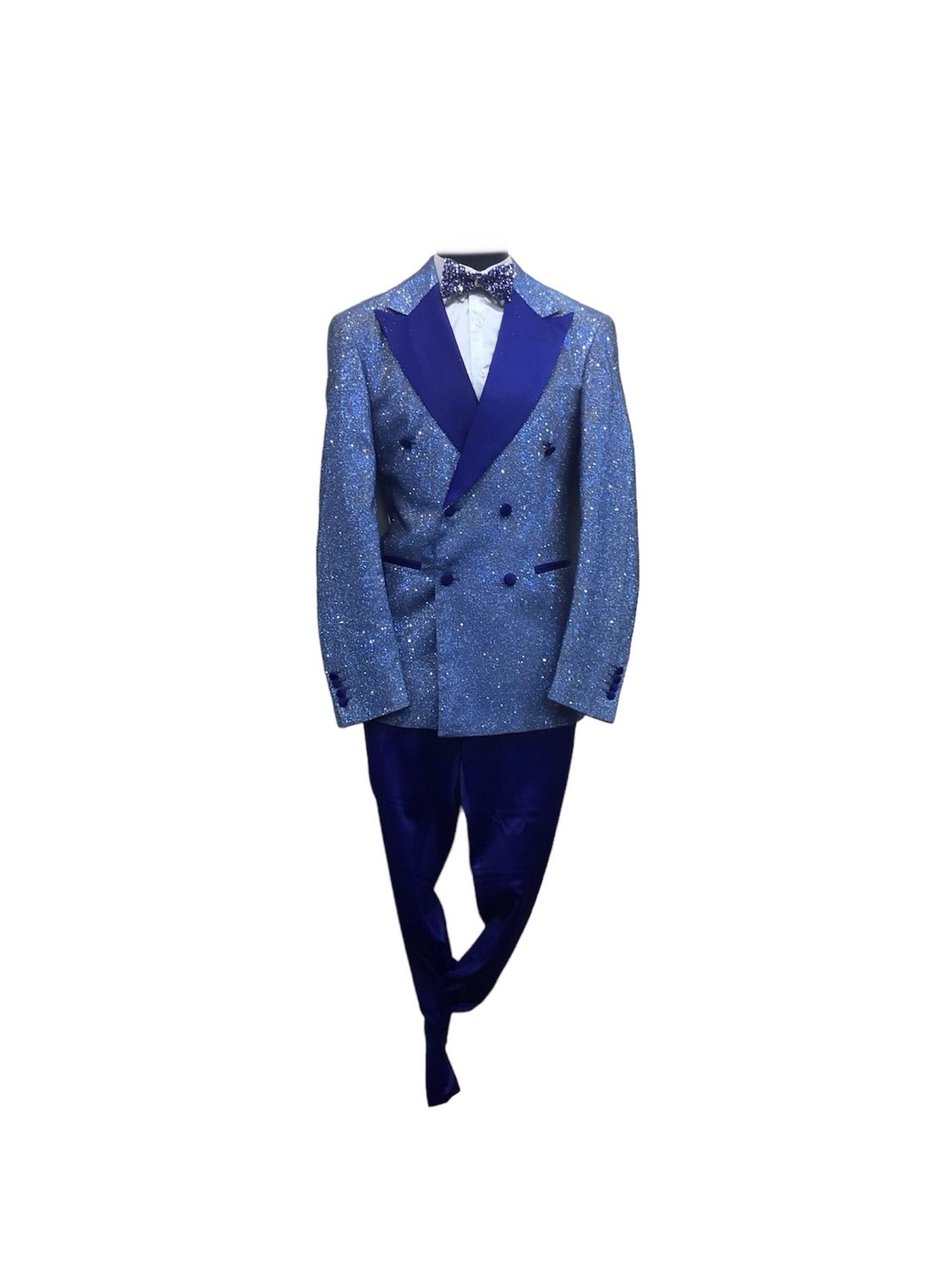 2PC SLIM FIT GLITTERY SHAWL COLLAR LAPEL TUX , Color: BLUE, Size: 2XL/42